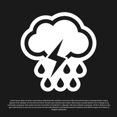 Siyah zemin üzerinde yağmur ve yıldırım simgesi olan Kara Bulut. Yağmur damlalı yağmur bulutu yağışı. Fırtına ikonu. Vektör İllüstrasyonu