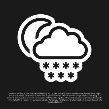 Siyah arkaplanda kar ve ay ikonu olan kara bulut. Kar taneli bulut. Tek hava ikonu. Kar tabelası. Vektör İllüstrasyonu