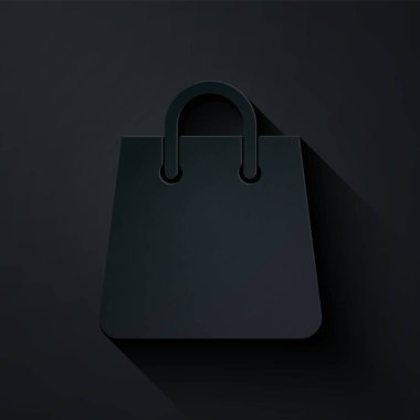 Kağıt kesiği simgesi siyah arkaplanda izole edildi. Kum torbası işareti. Kadın çanta ikonu. Kadın el çantası işareti. Cazibeli günlük eşyalar. Kağıt sanatı tarzı. Vektör İllüstrasyonu