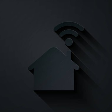 Kağıt kesikli Smart, siyah arkaplanda kablosuz Wi-Fi simgesi ile eve döndü. Uzaktan kumanda. Kağıt sanatı tarzı. Vektör İllüstrasyonu