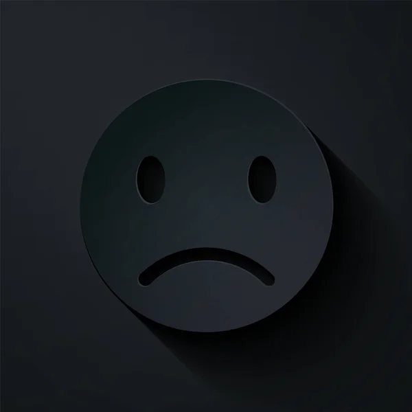 Corte de papel Icono de sonrisa triste aislado sobre fondo negro. Cara de emoticono. Estilo de arte de papel. Ilustración vectorial — Archivo Imágenes Vectoriales
