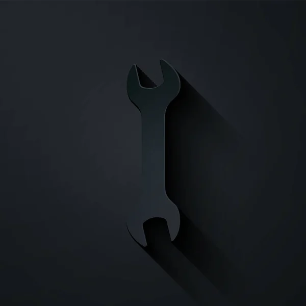 Papírvágás Wrench ikon elszigetelt fekete háttérrel. Spanner szerszám. Szervizeszköz szimbólum. Papírművészeti stílus. Vektorillusztráció — Stock Vector