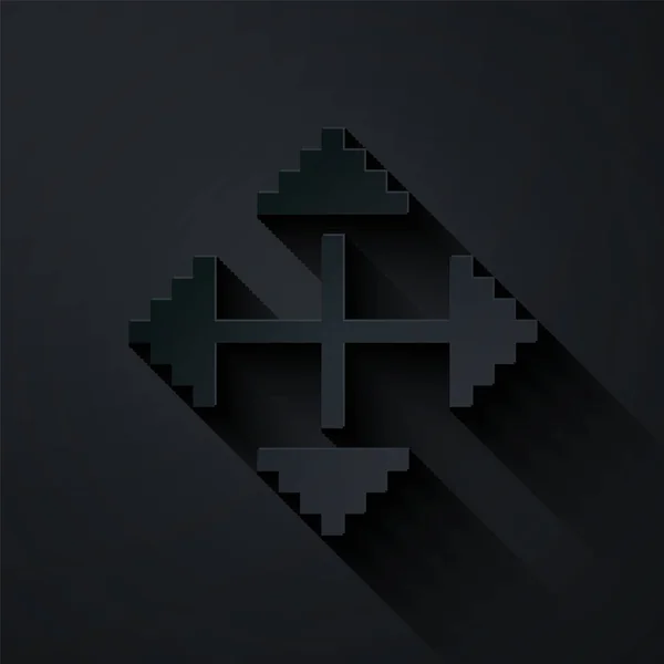 Papír vágott Pixel nyilak négy irányban ikon elszigetelt fekete háttér. Cursor mozgó jel. Papírművészeti stílus. Vektorillusztráció — Stock Vector