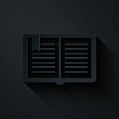 Kağıt kesiği açık kitap simgesi siyah arkaplanda izole edildi. Kağıt sanatı tarzı. Vektör İllüstrasyonu