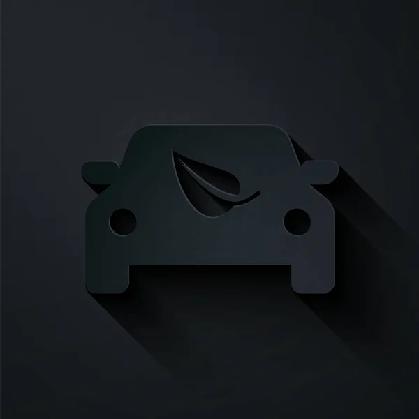 Papír vágott Eco autó koncepció meghajtó levél ikon elszigetelt fekete háttérrel. Zöld energia autó szimbólum. Papírművészeti stílus. Vektorillusztráció — Stock Vector