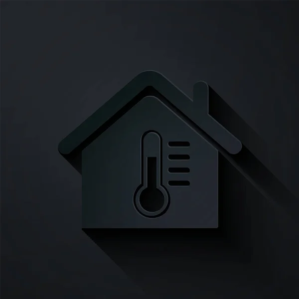 Papier geschnitten Haus Temperatur Symbol isoliert auf schwarzem Hintergrund. Thermometer-Symbol. Papierkunst. Vektorillustration — Stockvektor