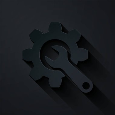 Kağıt kesiği Anahtarı ve dişli simgesi siyah arkaplanda izole edilmiş. Ayarlama, servis, ayar, bakım, onarım, onarım. Kağıt sanatı tarzı. Vektör İllüstrasyonu