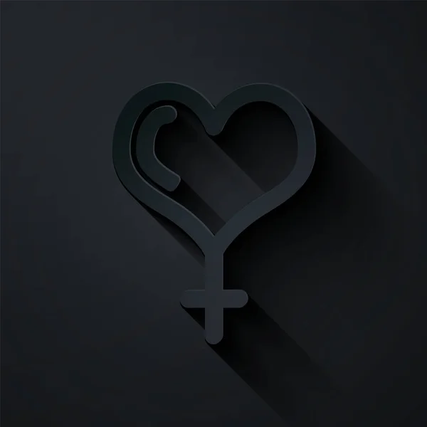Papier gesneden Vrouwelijk geslacht symbool en hart pictogram geïsoleerd op zwarte achtergrond. Venus symbool. Het symbool voor een vrouwelijk organisme of vrouw. Papierkunst stijl. Vector Illustratie — Stockvector