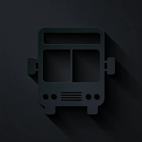 Corte de papel Icono de bus aislado sobre fondo negro. Concepto de transporte. Autobús señal de transporte turístico. Símbolo turístico o de vehículo público. Estilo de arte de papel. Ilustración vectorial — Vector de stock