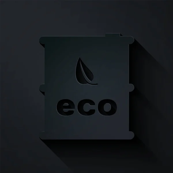Papírvágás Bio üzemanyag hordó ikon elszigetelt fekete háttérrel. Öko-biológia és tartály. Zöld környezet és újrahasznosítás. Papírművészeti stílus. Vektorillusztráció — Stock Vector
