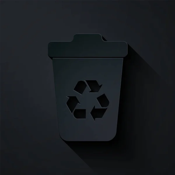 Paper cut Recycle bin with recycle symbol icon isolated on black background. Trash can icon. Garbage bin sign. Recycle basket sign. Paper art style. Vector Illustration — Stock Vector