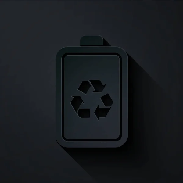 Papier découpé Batterie avec icône de ligne de symbole de recyclage isolé sur fond noir. Batterie avec symbole de recyclage - concept d'énergie renouvelable. Style art du papier. Illustration vectorielle — Image vectorielle