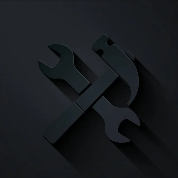 Taglio carta Martello incrociato e icona della chiave isolata su sfondo nero. Strumenti hardware. Stile cartaceo. Illustrazione vettoriale — Vettoriale Stock