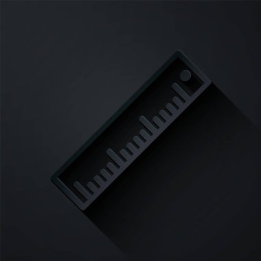 Kağıt kesiği Cetvel simgesi siyah arkaplanda izole edildi. Düz sembol. Kağıt sanatı tarzı. Vektör İllüstrasyonu