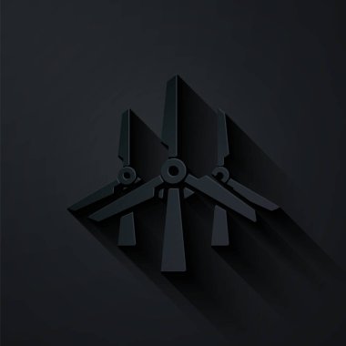 Kağıt kesiği Rüzgar türbinleri simgesi siyah arkaplanda izole edildi. Rüzgar jeneratörü işareti. Yel değirmeni silueti. Elektrik üretimi için yel değirmenleri. Kağıt sanatı tarzı. Vektör İllüstrasyonu
