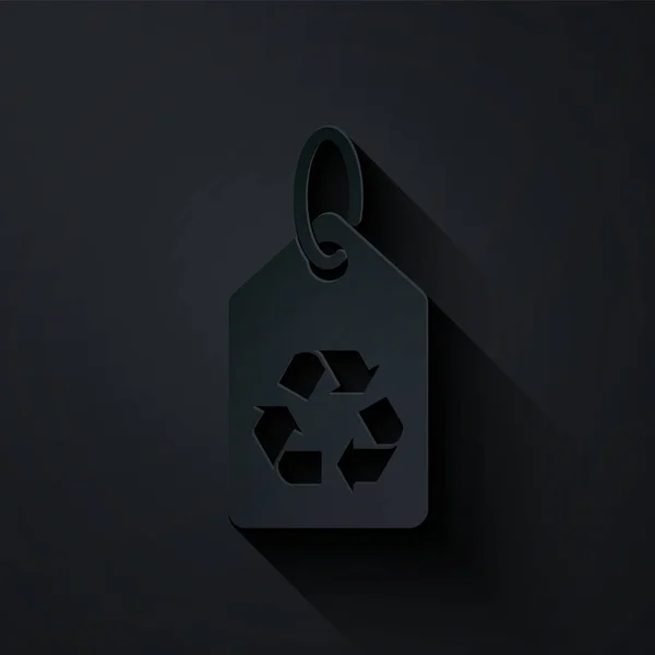 Papierschnitt-Tag mit Recycling-Symbol isoliert auf schwarzem Hintergrund. Banner, Etikett, Etikett, Logo, Aufkleber für Ökogrün. Papierkunst. Vektorillustration — Stockvektor
