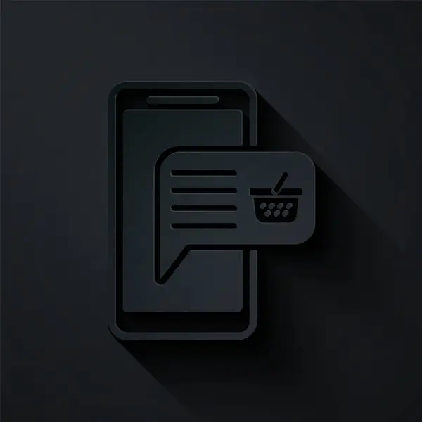 Papiergeschnittenes Handy und Warenkorb-Symbol isoliert auf schwarzem Hintergrund. Online-Kauf-Symbol. Supermarkt-Warenkorb Symbol. Papierkunst. Vektorillustration — Stockvektor