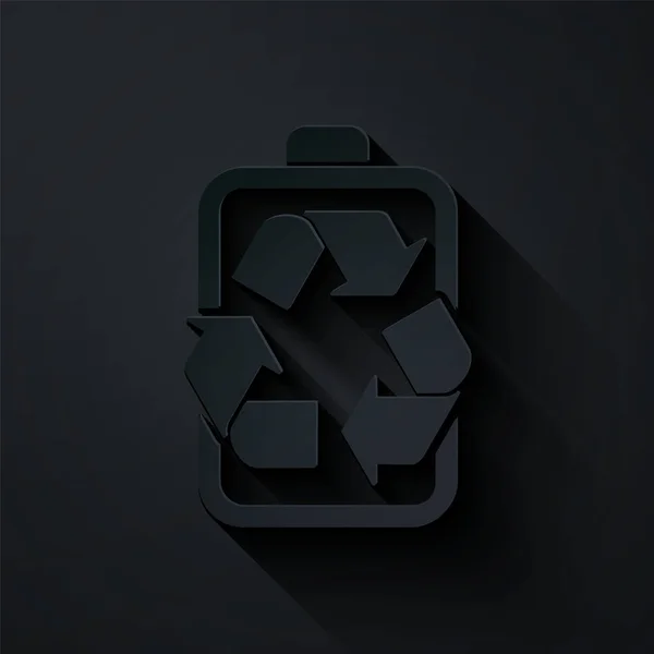 Corte de papel Bateria com ícone de linha de símbolo de reciclagem isolado no fundo preto. Bateria com símbolo de reciclagem - conceito de energia renovável. Estilo de arte de papel. Ilustração vetorial — Vetor de Stock