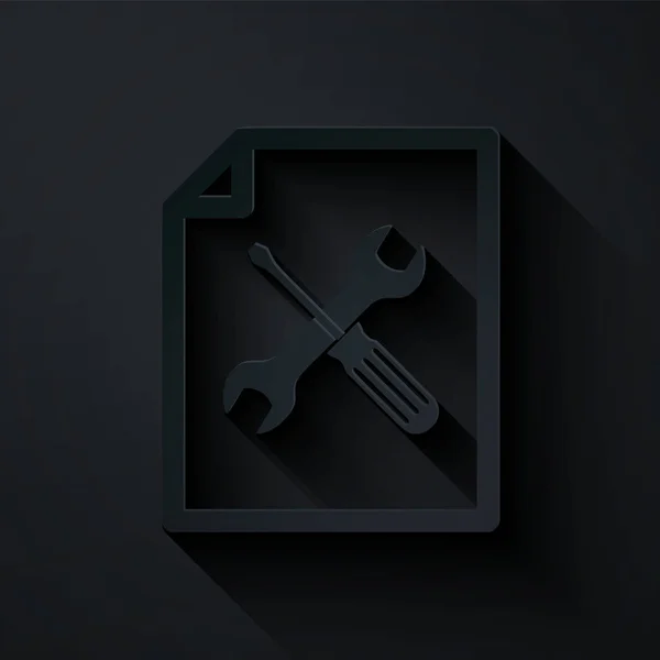 Paper cut File document with screwdriver and wrench icon isolated on black background. Adjusting, service, setting, maintenance, repair, fixing. Paper art style. Vector Illustration — Stock Vector