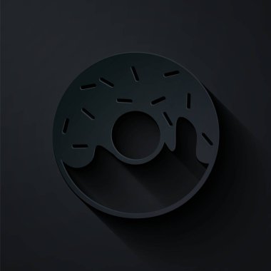 Kağıt kesiği Donut, siyah arka planda izole edilmiş tatlı jöleli simge. Kağıt sanatı tarzı. Vektör İllüstrasyonu