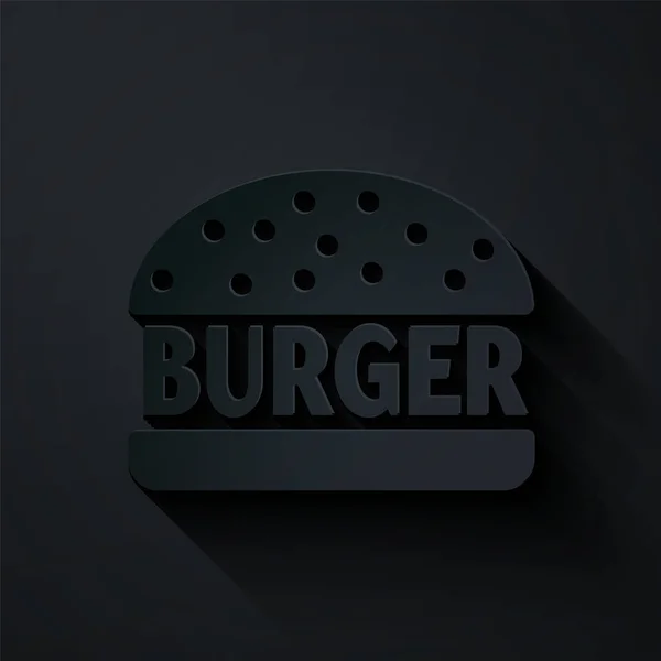 Kağıt kesiği Burger simgesi siyah arkaplanda izole edilmiş. Hamburger ikonu. Çizburger sandviç tabelası. Kağıt sanatı tarzı. Vektör İllüstrasyonu — Stok Vektör