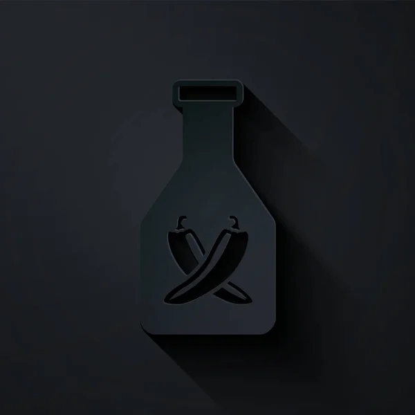 Ketchupflaschen-Symbol in Papierform isoliert auf schwarzem Hintergrund. scharfe Chilischote Zeichen. Grill und Grill-Symbol. Papierkunst. Vektorillustration — Stockvektor