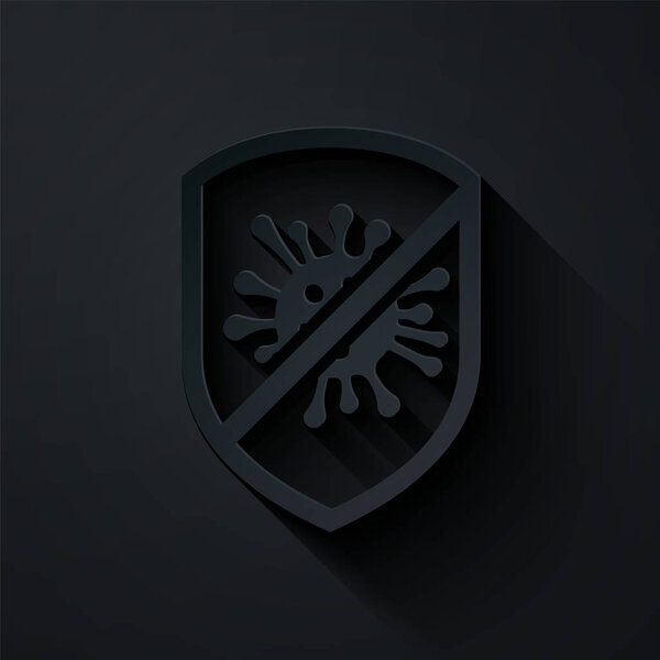 Paper cut Stop virus, bacteria, germs and microbe icon isolated on black background. Antibacterial and antiviral defence, protection infection. Paper art style. Vector Illustration
