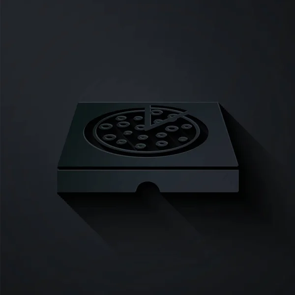 Paper cut Pizza in cardboard box icon isolated on black background. Box with layout elements. Paper art style. Vector Illustration