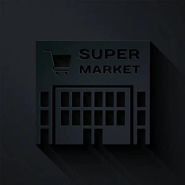 Pappersklipp Supermarket byggnad med kundvagn ikon isolerad på svart bakgrund. Handla eller lagra. Gallerian. Papperskonst. Vektor Illustration — Stock vektor