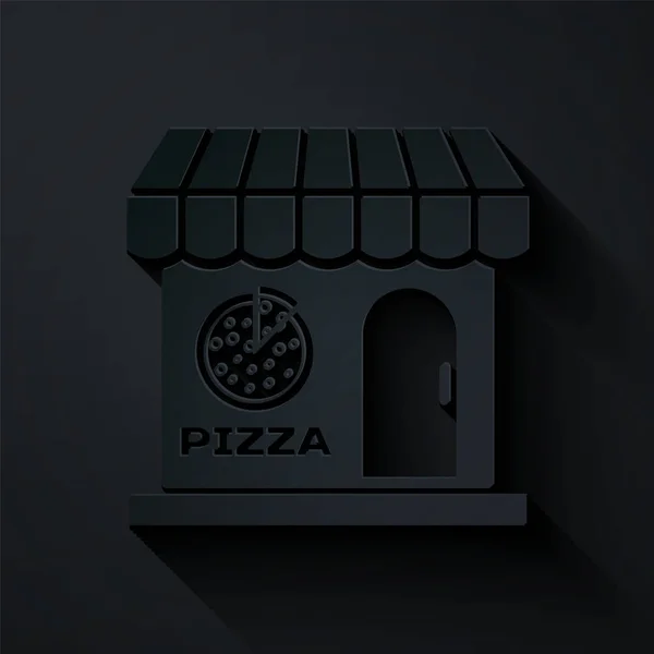 Pappersklipp Pizzeria byggnad fasad ikon isolerad på svart bakgrund. Snabbmatspizzeria kiosk. Papperskonst. Vektor Illustration — Stock vektor