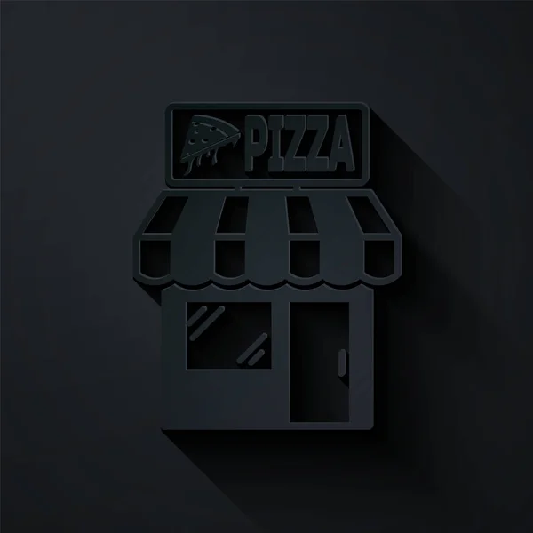 Corte de papel Pizzería edificio fachada icono aislado sobre fondo negro. Quiosco de pizzería de comida rápida. Estilo de arte de papel. Ilustración vectorial — Vector de stock