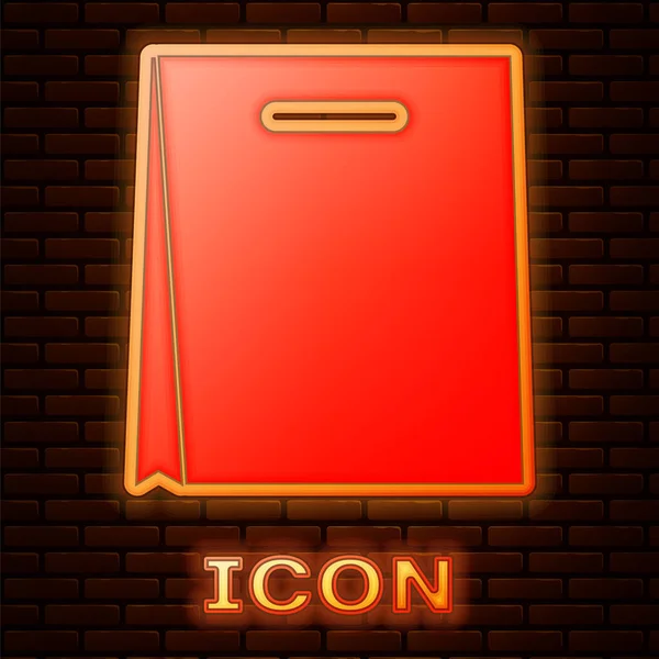 Glowing Neon Paper Shopping Bag Icon Isolated Brick Wall Background — Stock Vector