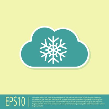 Sarı zemin üzerinde kar ikonu olan Yeşil Bulut. Kar taneli bulut. Tek hava ikonu. Kar tabelası. Vektör İllüstrasyonu