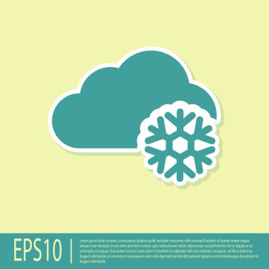 Sarı zemin üzerinde kar ikonu olan Yeşil Bulut. Kar taneli bulut. Tek hava ikonu. Kar tabelası. Vektör İllüstrasyonu