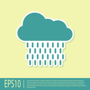 Sarı arka planda izole edilmiş yağmur ikonu olan Yeşil Bulut. Yağmur damlaları ile yağmur bulutu yağışı. Vektör İllüstrasyonu
