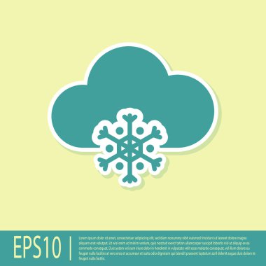 Sarı zemin üzerinde kar ikonu olan Yeşil Bulut. Kar taneli bulut. Tek hava ikonu. Kar tabelası. Vektör İllüstrasyonu