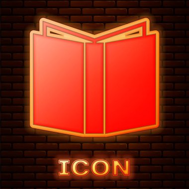 Parlayan neon açık kitap simgesi tuğla duvar arka planında izole edildi. Vektör İllüstrasyonu