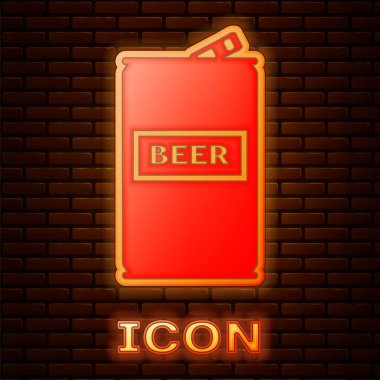 Parlayan neon bira kutusu ikonu tuğla duvar arkasında izole edilmiş. Vektör İllüstrasyonu