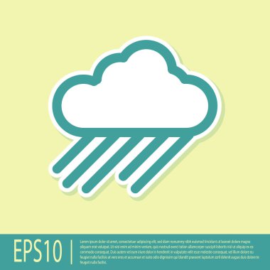 Sarı arka planda izole edilmiş yağmur ikonu olan Yeşil Bulut. Yağmur damlaları ile yağmur bulutu yağışı. Vektör İllüstrasyonu