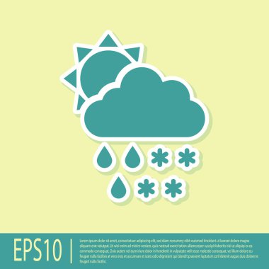 Green Cloud with snow and rain icon isolated on yellow background. Weather icon.  Vector Illustration