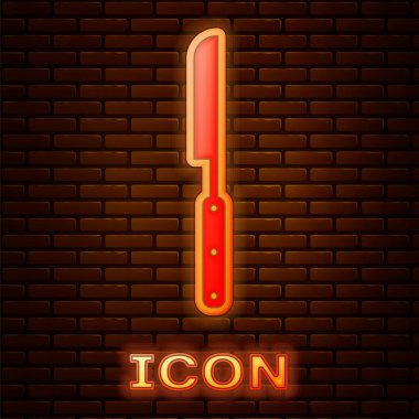 Parlayan neon Barbekü bıçak simgesi tuğla duvar arka plan izole. Mutfak bıçağı simgesi. Barbekü bıçak işareti. Barbekü ve ızgara aracı. Vektör İllüstrasyonu