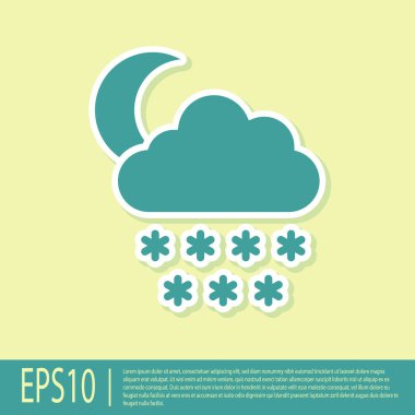 Green Cloud with snow and moon icon isolated on yellow background. Cloud with snowflakes. Single weather icon. Snowing sign.  Vector Illustration