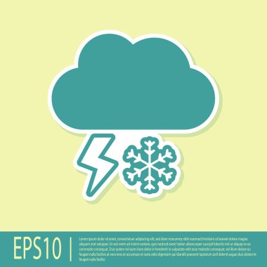 Sarı zemin üzerinde kar ve şimşek simgesi olan Yeşil Bulut. Kar taneli bulut. Tek hava ikonu. Kar tabelası. Vektör İllüstrasyonu