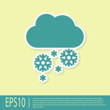 Sarı zemin üzerinde kar ikonu olan Yeşil Bulut. Kar taneli bulut. Tek hava ikonu. Kar tabelası. Vektör İllüstrasyonu