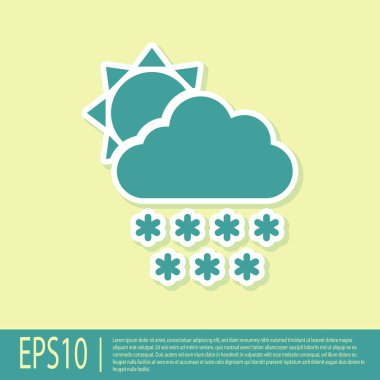 Sarı zemin üzerinde kar ve güneş ikonu olan Yeşil Bulut. Kar taneli bulut. Tek hava ikonu. Kar tabelası. Vektör İllüstrasyonu