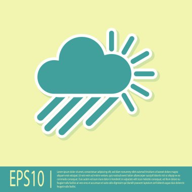 Yeşil bulutlu, yağmurlu ve sarı zemin üzerinde güneş ikonu olan. Yağmur damlaları ile yağmur bulutu yağışı. Vektör İllüstrasyonu