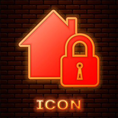 Tuğla duvar arka plan izole koruma simgesi altında Parlayan neon House. Eve ve kilitle. Koruma, güvenlik, güvenlik, koruma, savunma konsepti. Vektör İllüstrasyonu