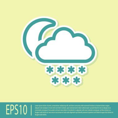 Green Cloud with snow and moon icon isolated on yellow background. Cloud with snowflakes. Single weather icon. Snowing sign.  Vector Illustration