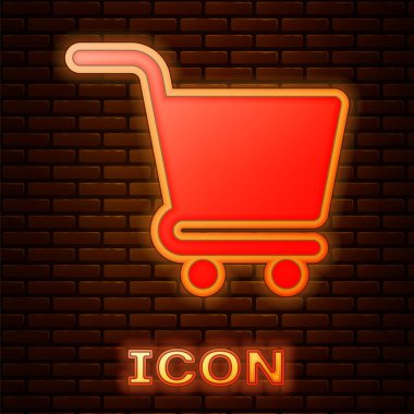 Parlayan neon alışveriş arabası simgesi tuğla duvar arkasında izole edilmiş. İnternetten satın alma konsepti. Servis tabelası. Süpermarket sepeti sembolü. Vektör İllüstrasyonu