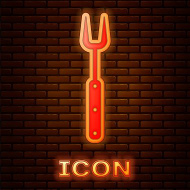 Parlayan neon Barbekü çatal simgesi tuğla duvar arka plan izole. Barbekü çatal işareti. Barbekü ve ızgara aracı. Vektör İllüstrasyonu